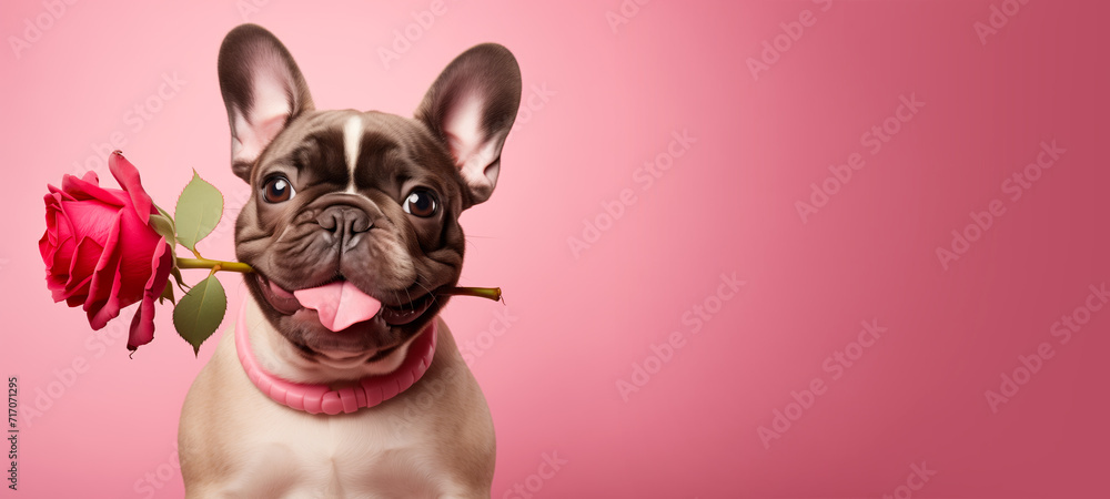 French bulldog holding a red rose in mouth against pink background with copy space