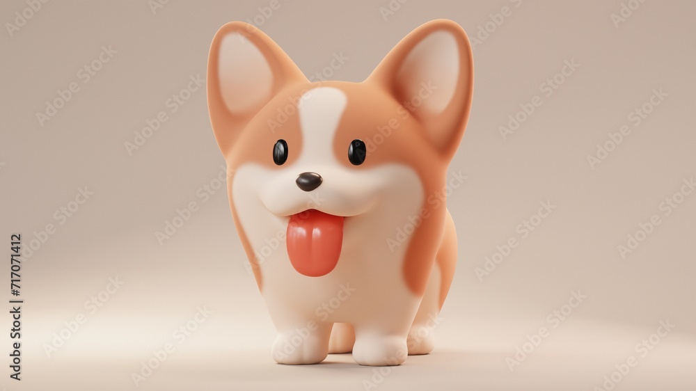 Simple fat cute funny kawaii fluffy cartoon orange corgi puppy with dot eyes, red tongue sticking out of mouth in standing playful pose. Lovely adorable pet in minimal style. 3d render pastel colors. Simple fat cute funny kawaii fluffy cartoon orange corgi puppy with dot eyes, red tongue sticking out of mouth in standing playful pose. Lovely adorable pet in minimal style. 3d render pastel colors.