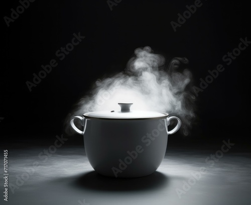 A white pot with steam coming out of it. Generative AI.