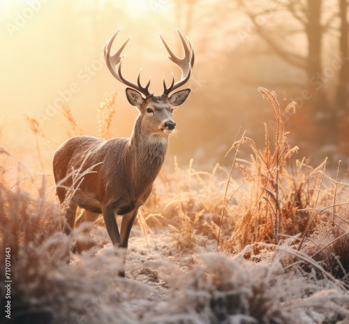 A deer is standing in a field with the sun shining. Generative AI.