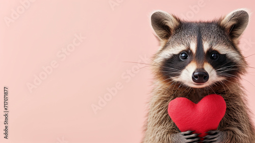 Cute raccoon holding red heart on color background, closeup © Liliya