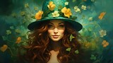 Portrait of a beautiful young woman with long curly hair and green hat.