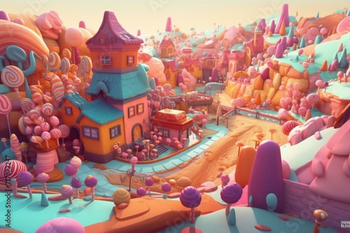 Imaginative cartoon world filled with sugary gingerbread homes and colorful candies. Generative AI