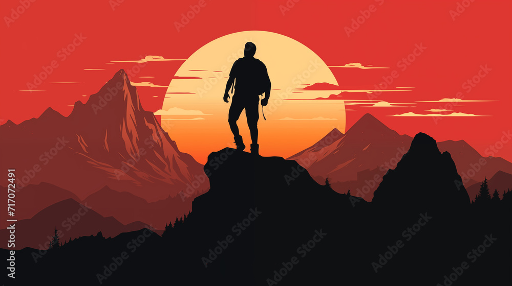Silhouette of a male climber who stands on the top of a mountain in the silhouette of a sunset that is setting behind the mountains. AI generated.