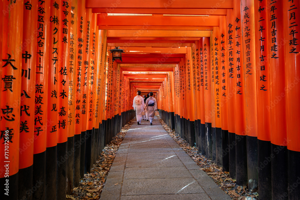 Obraz premium Women in traditional Japanese kimonos walk through the red torii gates at Fushimi Inari shrine in Kyoto, Japan.