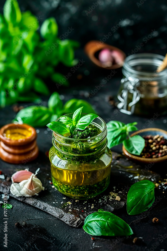 Pesto sauce in a jar on the table. Selective focus. Pesto sauce in a jar on the table. Selective focus.