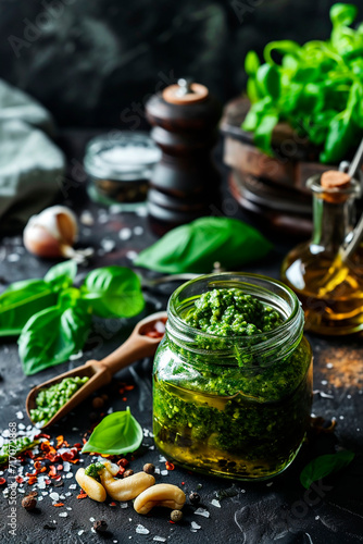 Pesto sauce in a jar on the table. Selective focus.