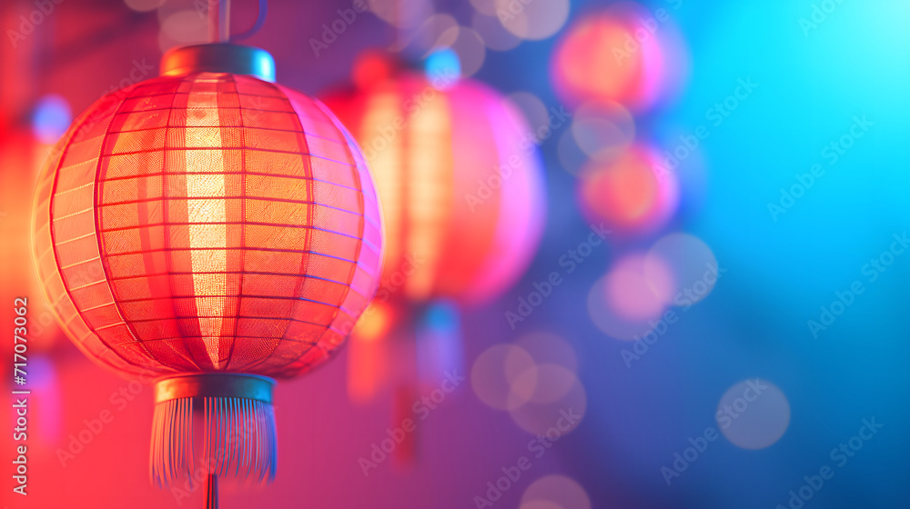Chinese New Year seasonal social media background design with blank space for text. Cute red glowing Chinese lantern on blurred vivid background. Chinese New Year seasonal social media background design with blank space for text. Cute red glowing Chinese lantern on blurred vivid background.