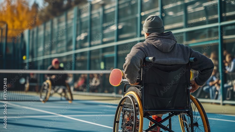 Athlete in a wheelchair playing Pickleball on an outdoor court, focusing on the game