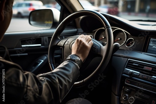 A man's hand in a jacket turning the steering wheel of a car, side view from inside the car. The driver is driving a car. Traveling by car © Alena