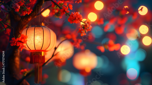 Chinese New Year seasonal social media background design with blank space for text. Cute red glowing Chinese lantern with flower on blurred vivid background.