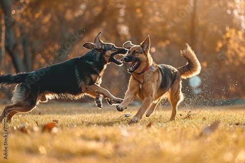 Fotografiet Aggressive dogs fighting outdoors in a park