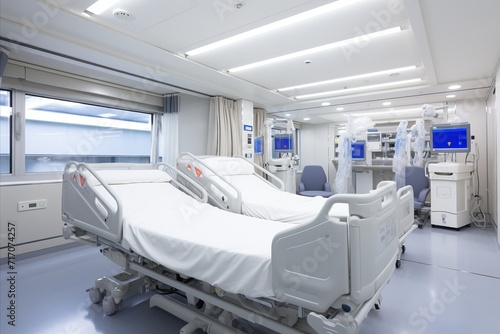 Hospital icu room with life support. patient monitoring and emergency medical services