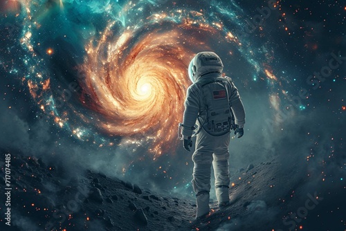 Astronaut cosmonaut discovery of new worlds of galaxies panorama, fantasy portal to far universe. Astronaut space exploration, gateway to another universe. #717074485