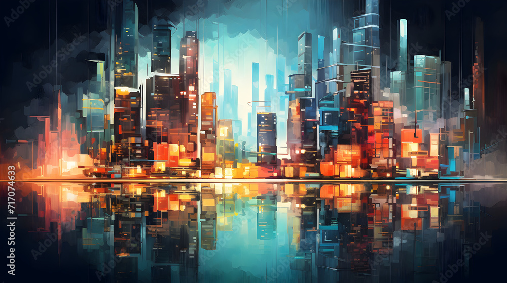 A blurred city scene at night,,
building digital blueprint abstrac
