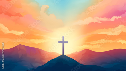 Easter scene with cross. Jesus Christ. Watercolor illustration generated AI