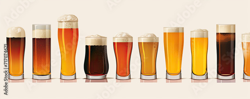 Beer glasses in various shape on white background. Wide banner