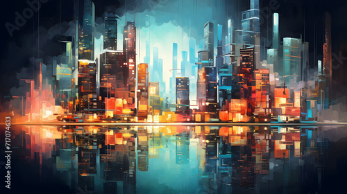 A blurred city scene at night,, building digital blueprint abstrac 