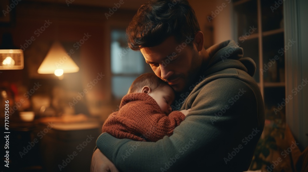 A man hugging a baby in a children's room, cinematic light, sunlight. Father-child relationship. Dad holds his son in his arms