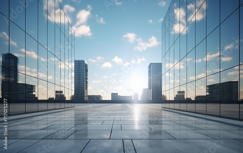 empty floor with glass wall and cityscape in background.