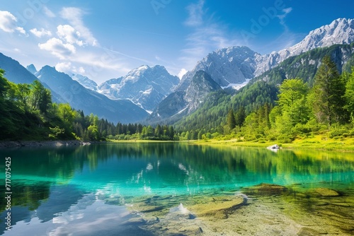 Colorful summer view of Fusine lake. Bright morning scene of Julian Alps with Mangart peak on background, Province of Udine, Italy, Europe. Traveling concept background © Sardar