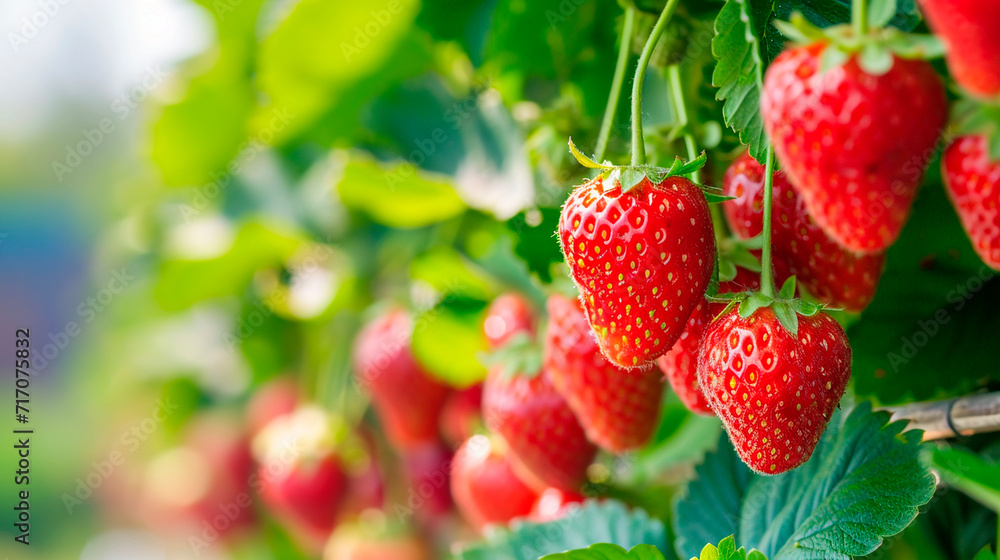 A lot of strawberries on the branches in the greenhouse. Selective focus. A lot of strawberries on the branches in the greenhouse. Selective focus.