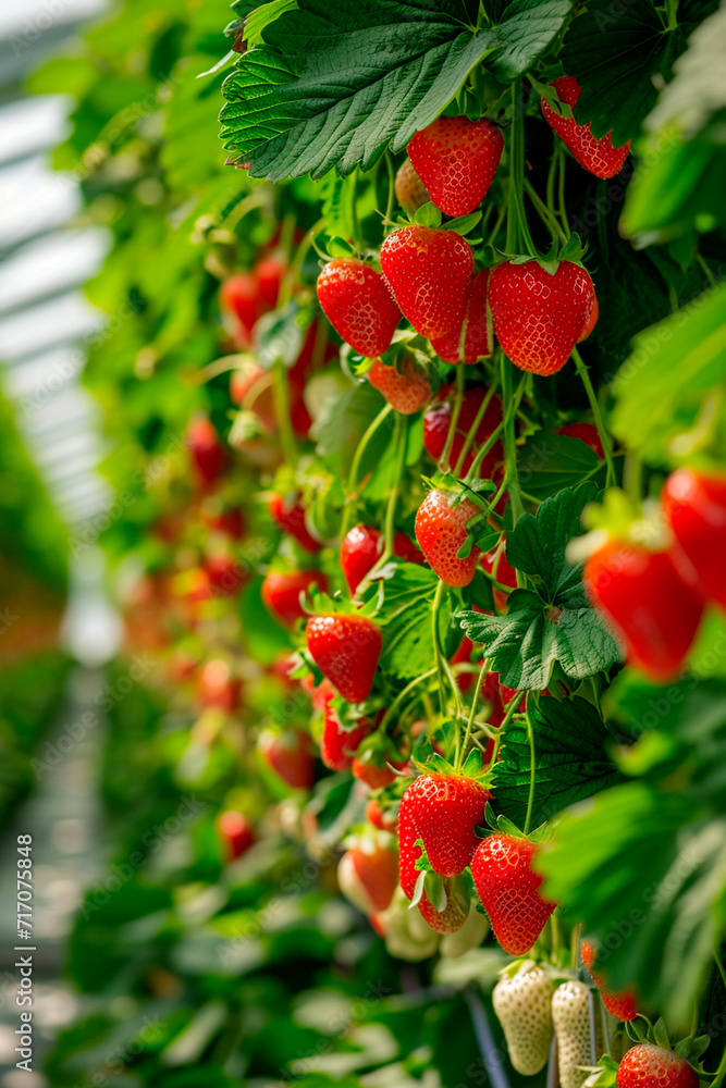 Obraz premium A lot of strawberries on the branches in the greenhouse. Selective focus.
