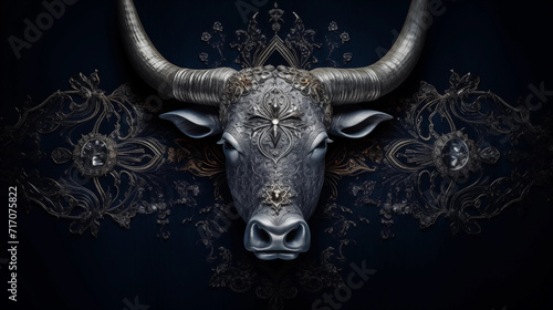 Künstlerische Illustration eines Stier-Kopf aus Metall, mit Hörnern und vintage Muster verziert. Illustration vor dunklem Hintergrund