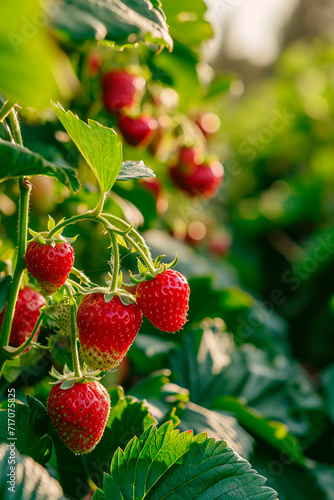 A lot of strawberries on the branches in the garden. Selective focus. photo