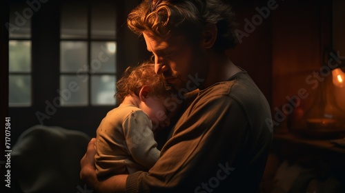 A man hugging a baby, playing with a child, cinematic light. Father-child relationship