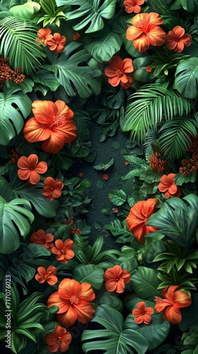 An Amazon rainforest themed liquid abstract 3D extrusion, with lush greens, vibrant flowers, and the richness of tropical life.