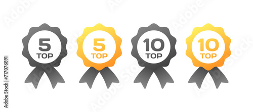 Award badge icon set. Top 5 and top 10 medal. Flat style. Vector icons