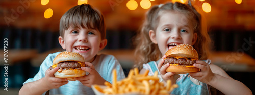 children eat fast food in a cafe. Selective focus.