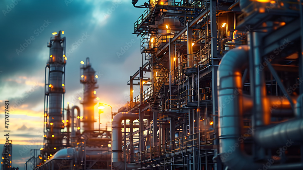 Refinery plant at twilight, petrochemical industrial plant with sky background