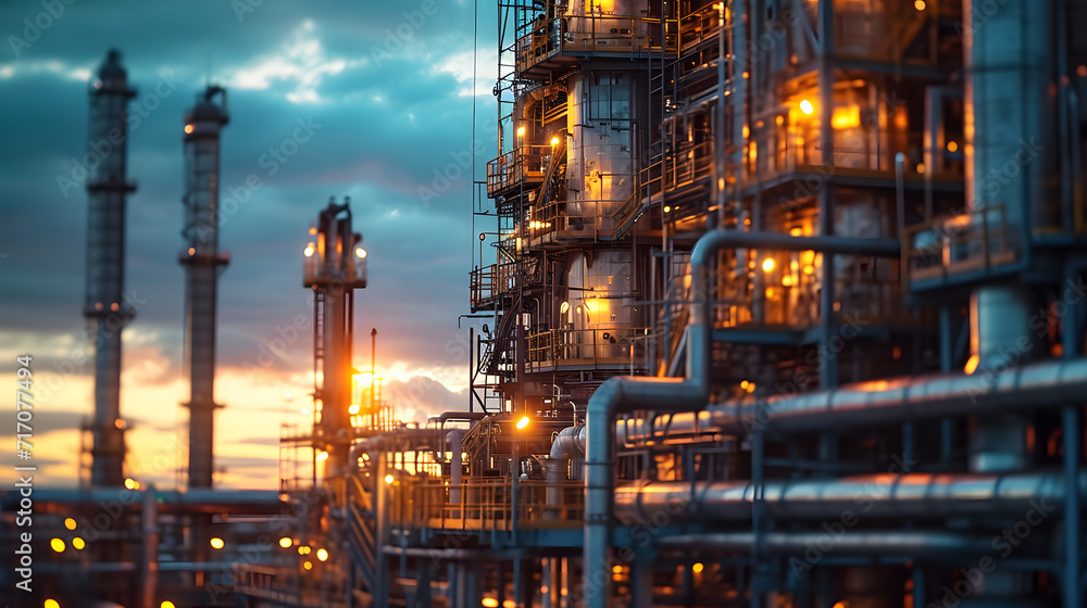 Oil refinery at sunset. Oil and gas industry. Refinery plant.