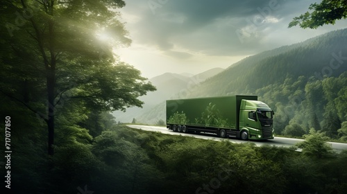 Eco-friendly green truck journeying through breathtaking forest and mountain scenery photo