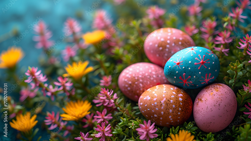 Colorful easter eggs in a nest of flowers on blue background. Easter eggs in a meadow.