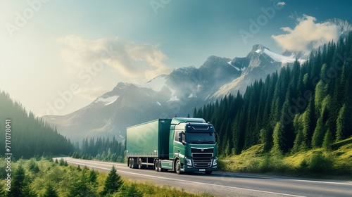 Eco-friendly green energy truck transporting goods amidst serene lush green scenery with awe-inspiring mountains