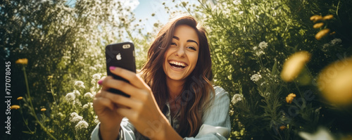 Young brunette girl smilling into phoe camera and taking fun at sunny day. photo