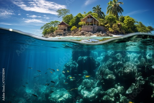 Idyllic tropical island with exotic hut and colorful fish - split-view water level photography