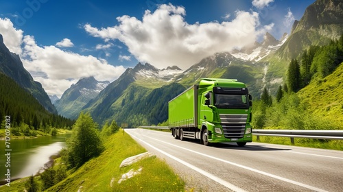 Ecologically sustainable green truck driving through serene lush forest and majestic mountains © sorin