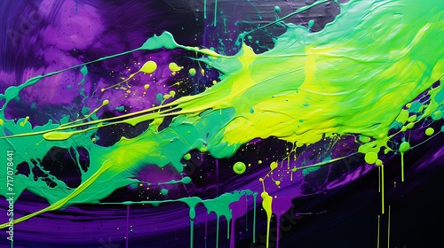 Vivid green violet and yellow acrylic splashes on black background