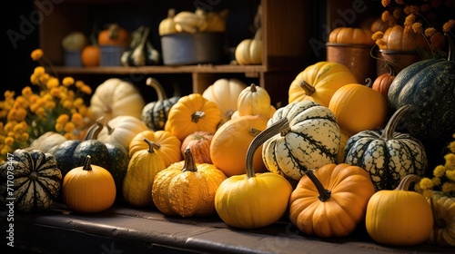 Vibrant assortment of pumpkins and gourds displayed at an autumn market photo