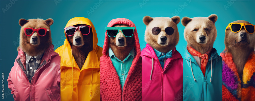 Various bears in colorful funny paper hats. Animasl congratulation concept.