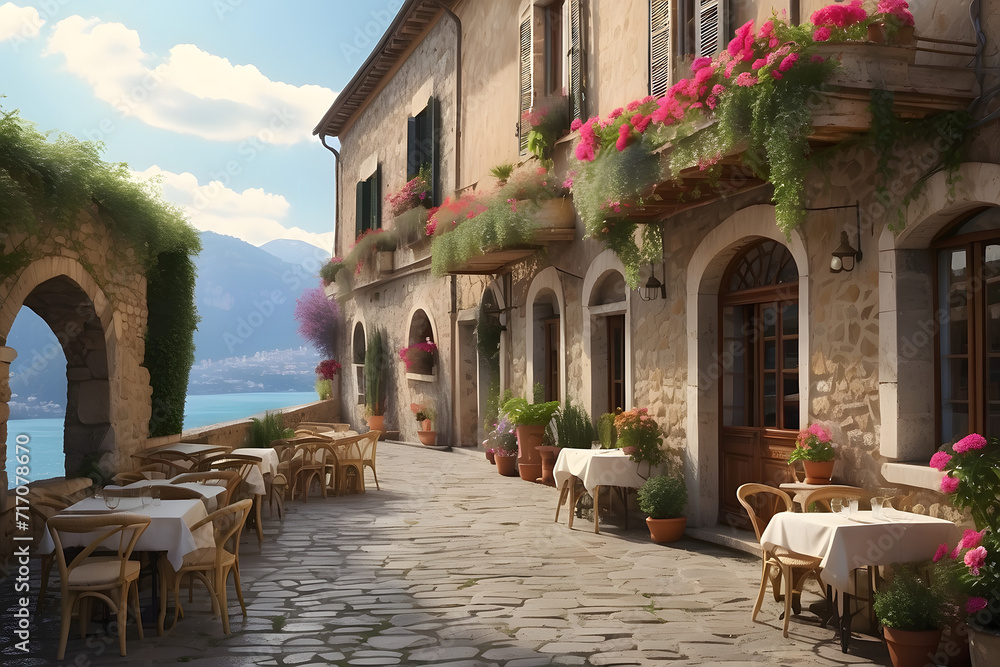 View of a street with italian cafes and restaurants, houses, cobblestone