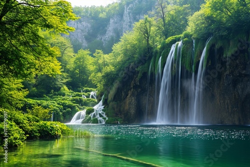 Extended Exotic waterfall and lake landscape of Plitvice Lakes National Park, UNESCO natural world heritage and famous travel destination of Croatia. The lakes are located in central Croatia (Croatia  © Sardar