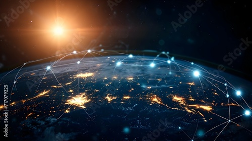 Connection lines glow light around the Earth's surface, future technology background with circles and lines. Internet, social media, travel, or logistical concepts.
