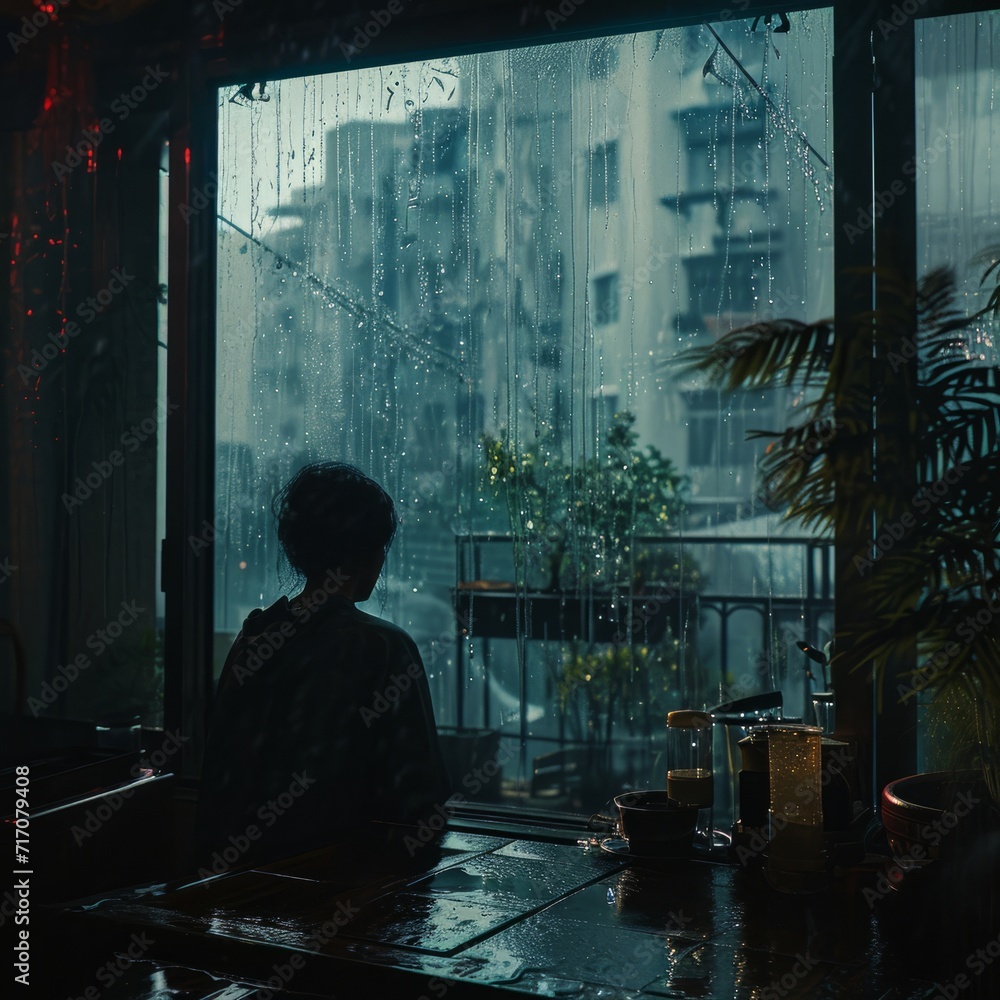 Man sitting on the bed at night and looking out the window in the rain. A reflective scene featuring a person staring out of a rain-covered window, symbolizing introspective emotions.