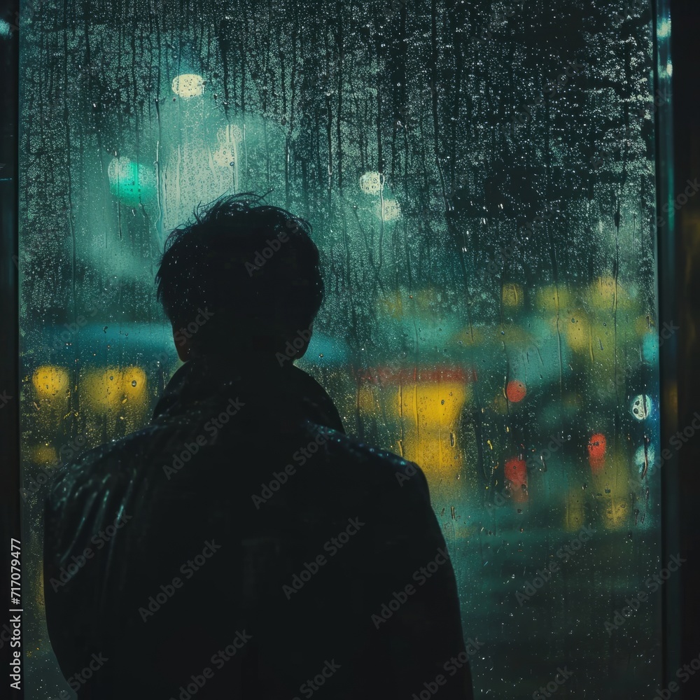 Staring Window Man sitting on the bed at night and looking out the window in the rain ...