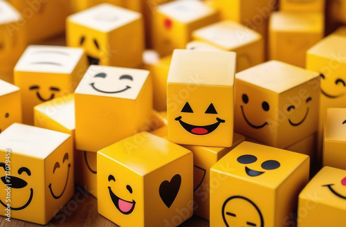 international Smile Day, World compliment day, colorful wooden cubes with different emotions, childrens cubes, mood selection
